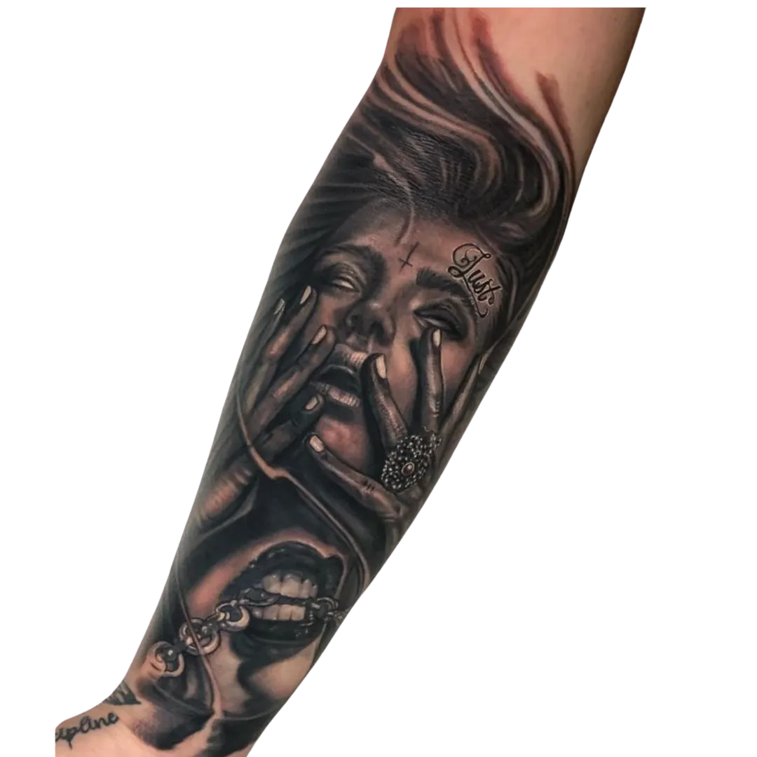 Black and grey realism portrait by Curtis Duke, Alliance Tattoo Eugene Oregon