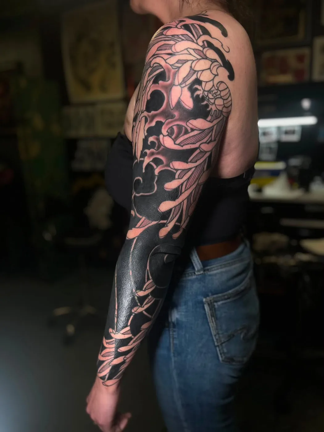 Finished Japanese chrysanthemum blackwork sleeve by Kaichi Fujita, Alliance Tattoo Eugene Oregon
