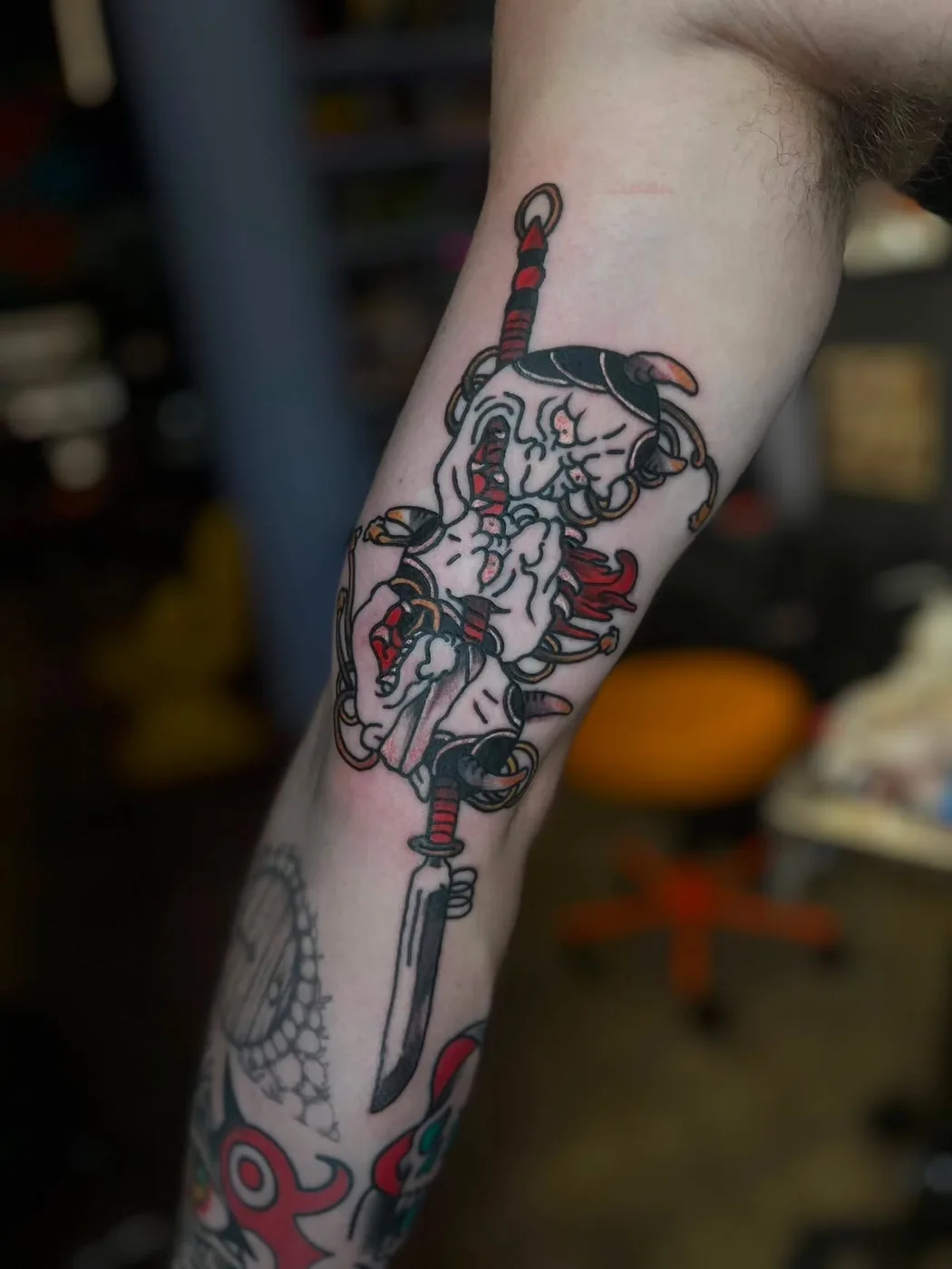 Namakubi and tanto Japanese forearm piece by Kaichi Fujita, Alliance Tattoo Eugene Oregon