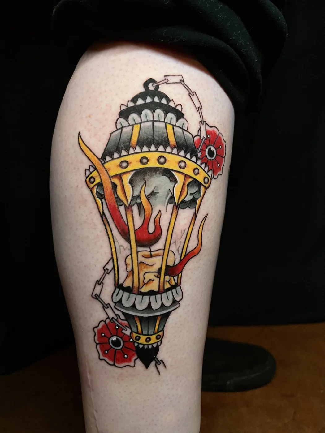 Traditional lantern with poppies by Ky Bell, Alliance Tattoo Eugene Oregon