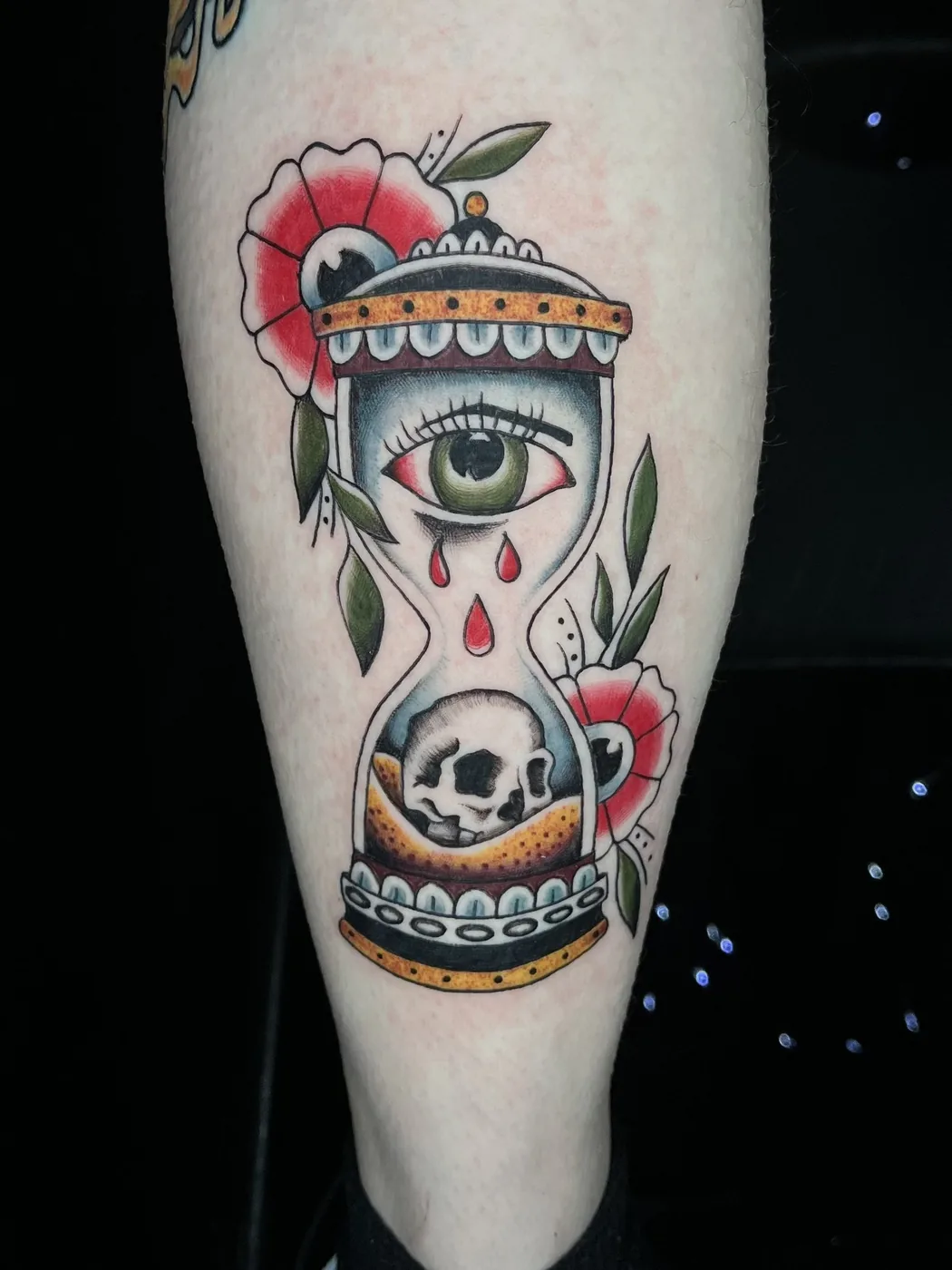 Hourglass with crying eye and skull by Ky Bell, Alliance Tattoo Eugene Oregon