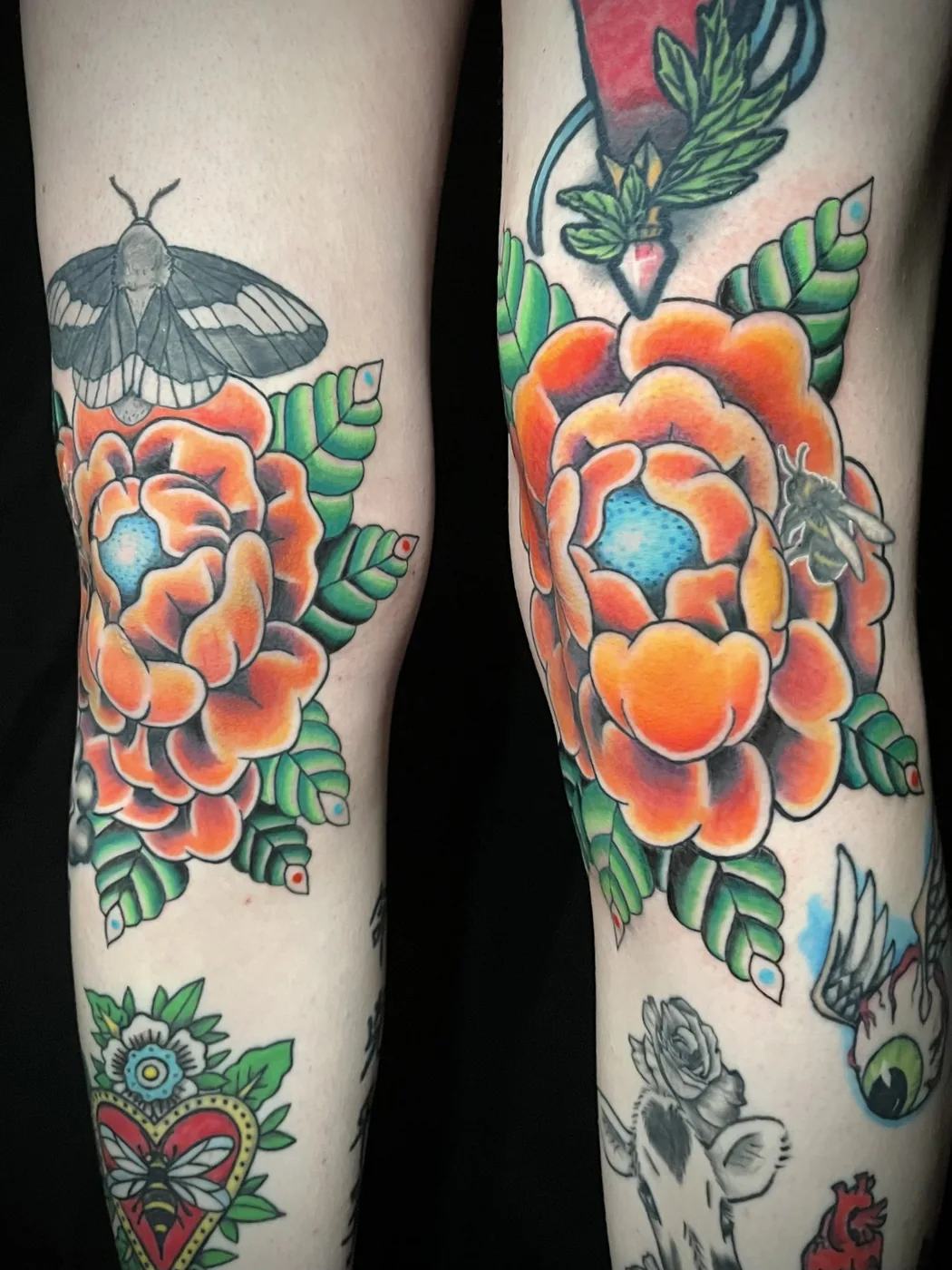 Marigold leg pieces, matching pair by Ky Bell, Alliance Tattoo Eugene Oregon